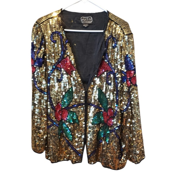 Jean by Joseph Le Bon Vintage Gold Sequin Party Jacket with Floral Design - Picture 5 of 6